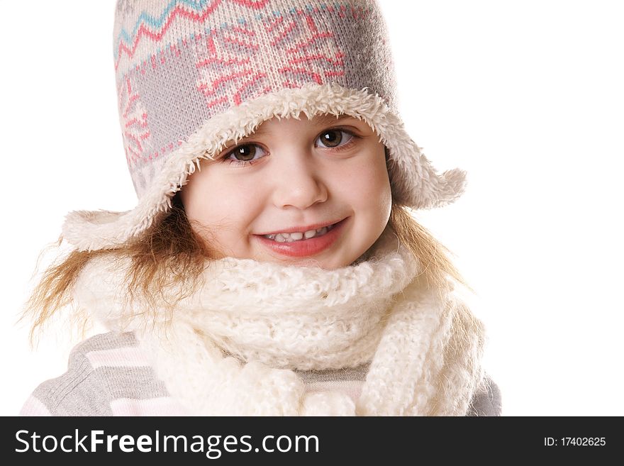 Portrait of smiling little girl in funny hat isolated on white background. Portrait of smiling little girl in funny hat isolated on white background