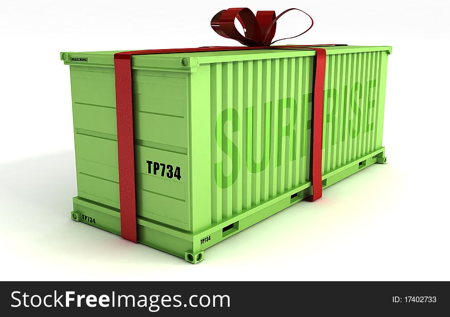 Green cargo container with a red ribbon on a white background. Green cargo container with a red ribbon on a white background