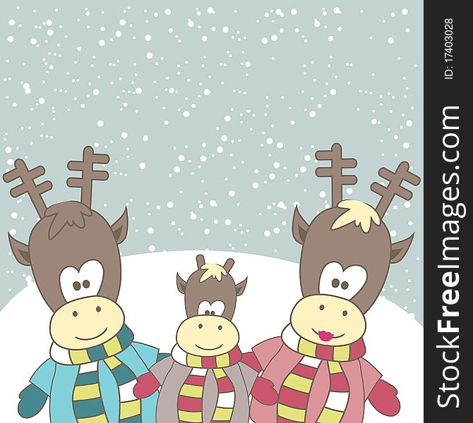 Christmas card with Reindeer family. Vector illustration