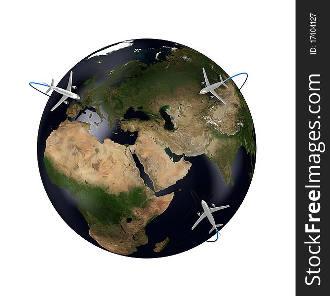 Illustration of globe and planes round it. Illustration of globe and planes round it