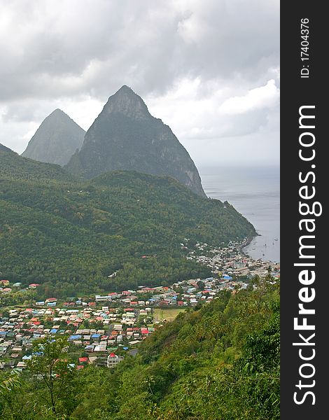 The twin peaks on the coast of St. Lucia, near the town of Soufriere. The twin peaks on the coast of St. Lucia, near the town of Soufriere.