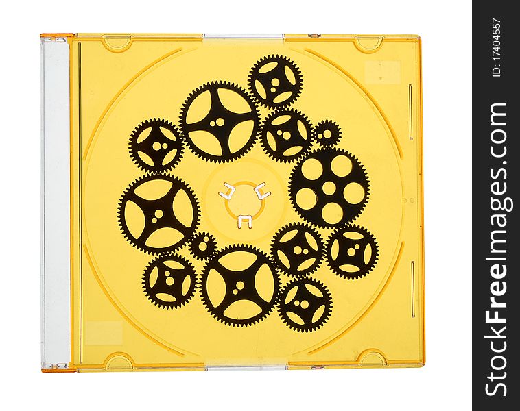 CD case with gears wheels in counterlight