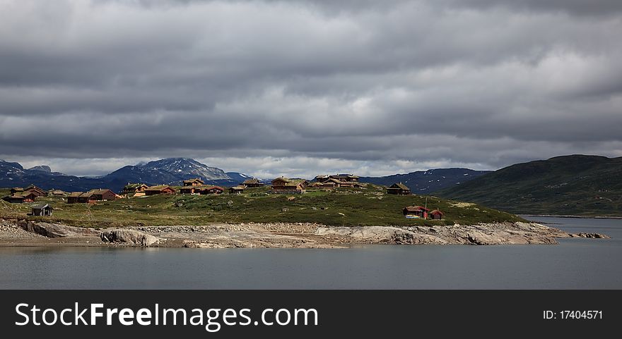 Peninsula with recreational huts, norwegian place for holidays. Peninsula with recreational huts, norwegian place for holidays