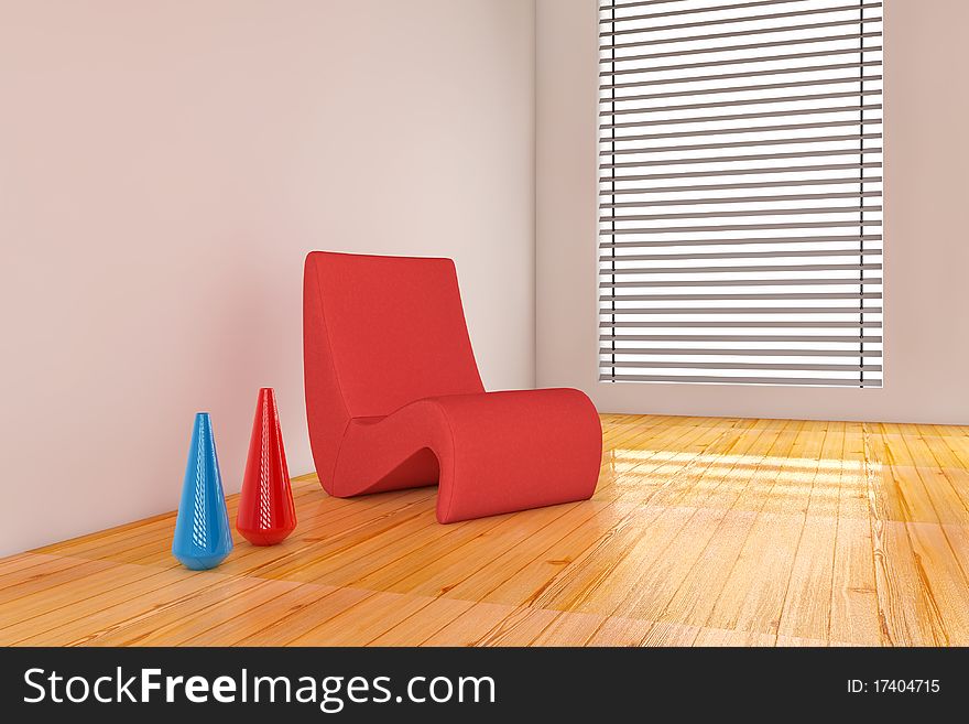Red modern chair with vase on wooden floor