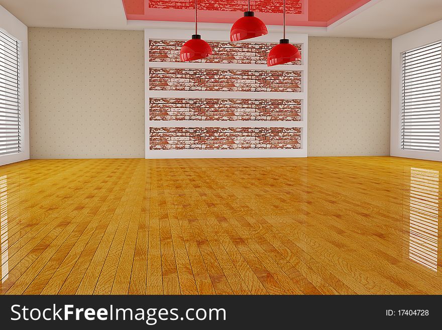 3d rendering red empty room with parquet floor and lamps. 3d rendering red empty room with parquet floor and lamps