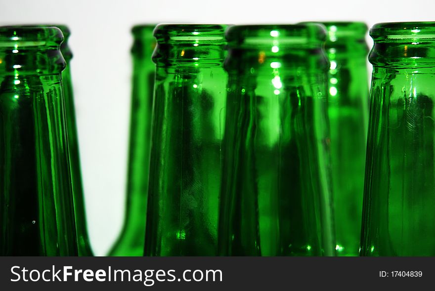 Close view of green bottles of beer