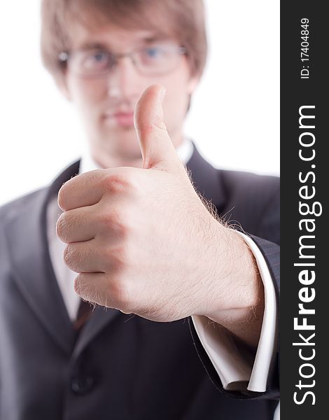 Young Businessman with thumb up isolated on white