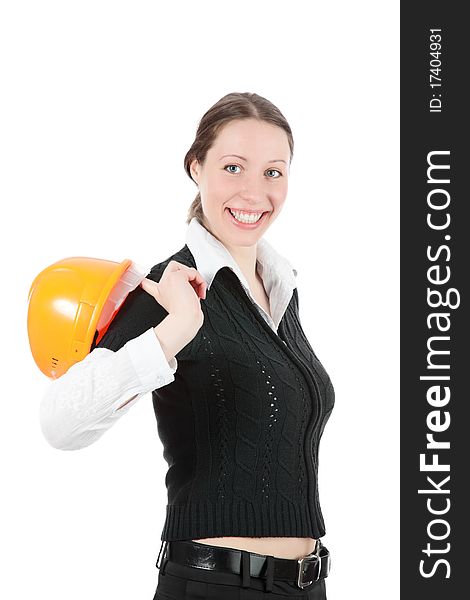 A business woman With cones over white background. A business woman With cones over white background