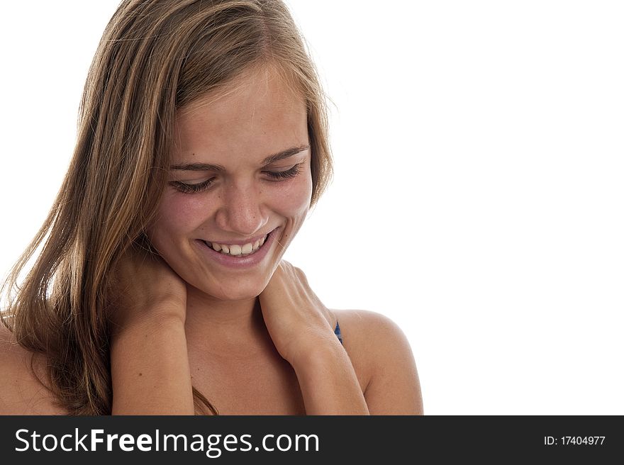 Cute teenage girl in a blue jumper, eyes closed. Cute teenage girl in a blue jumper, eyes closed