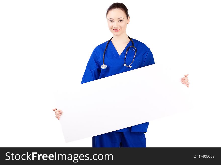 Woman doctor in uniform stay over white background