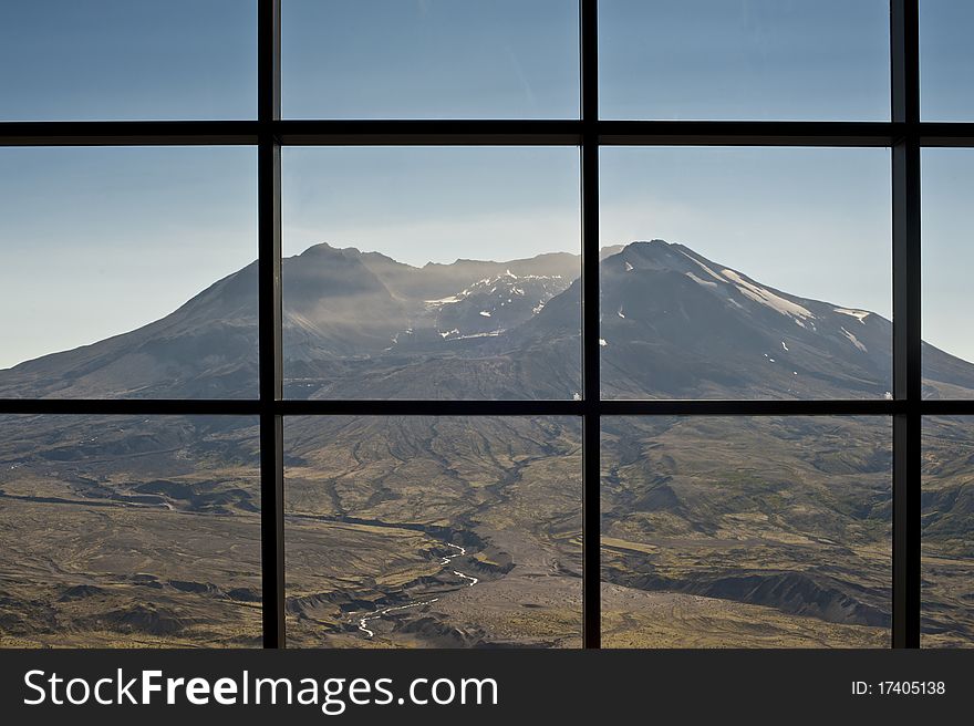 Mt. Saint Helens seen from windows of the Johnston Ridge Visitors Center