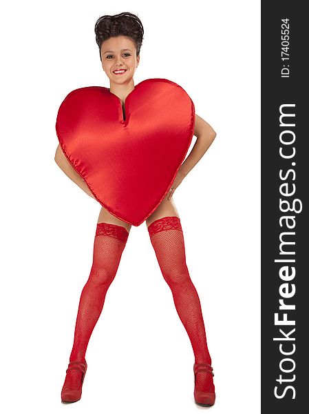 Young woman in Heart suit over white. Young woman in Heart suit over white