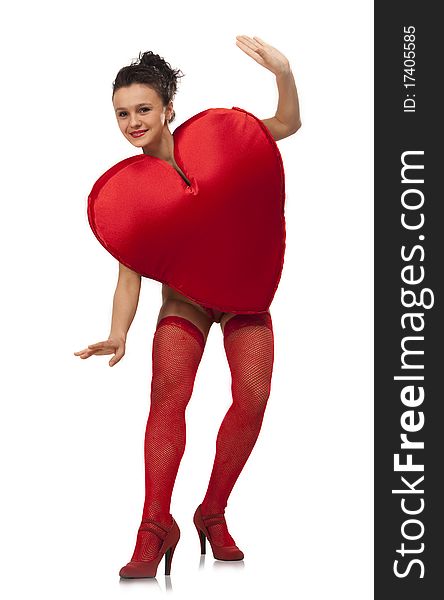 Young woman in Heart suit making a curtsy over white. Young woman in Heart suit making a curtsy over white