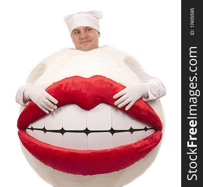 Funny boy in costume "Smile" over white background