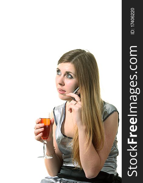 Girl with a glass of wine and phone. Girl with a glass of wine and phone