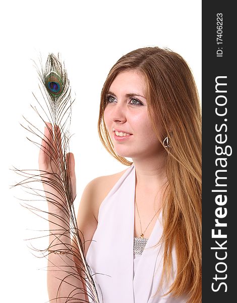 Woman hold a peacock feather. Woman hold a peacock feather