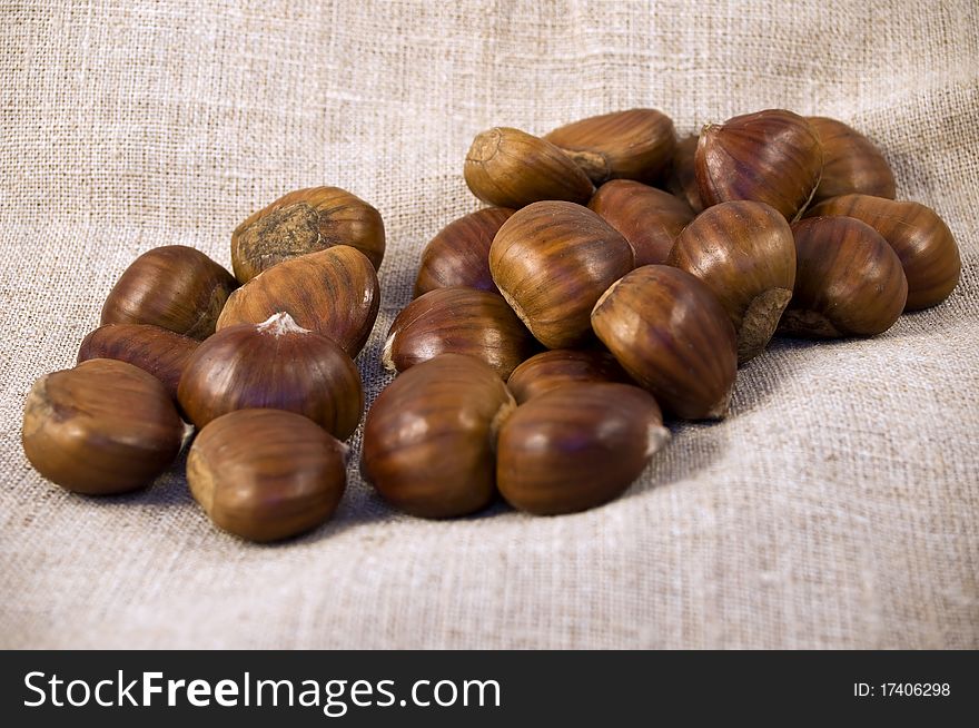 Brown chestnuts on white cackloth. Brown chestnuts on white cackloth
