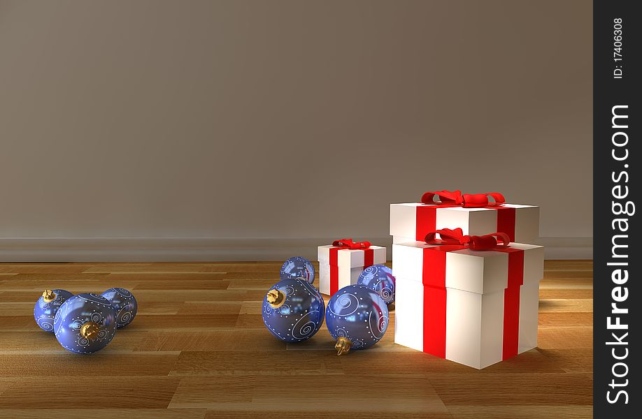 Presents and Christmas balls still life 3d rendering. Presents and Christmas balls still life 3d rendering