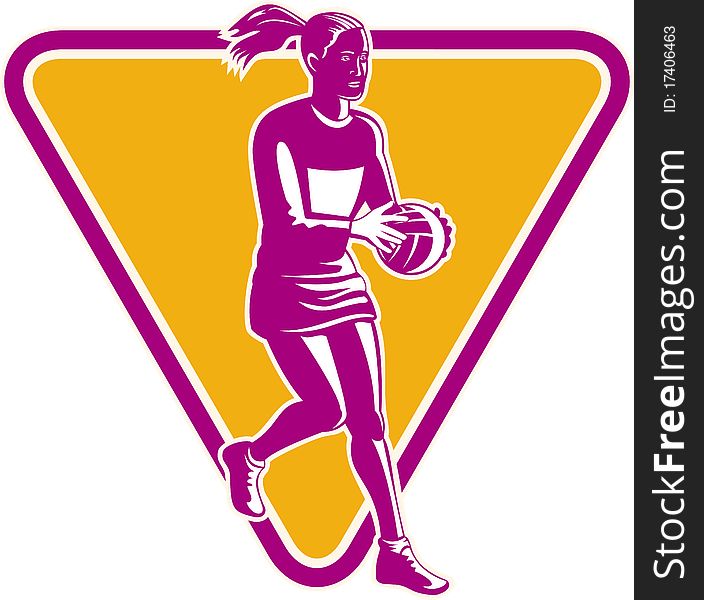 Illustration of a netball player ready to pass ball with shield or triangle in the background. Illustration of a netball player ready to pass ball with shield or triangle in the background