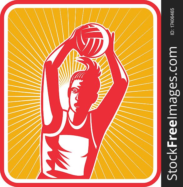 Illustration of a netball player ready to pass ball with shield or triangle in the background. Illustration of a netball player ready to pass ball with shield or triangle in the background