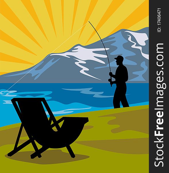 Illustration of a Fly fisherman fishing with fly rod and reel with lake and mountains and sunburst in background and folding chair in the foreground done in retro style. Illustration of a Fly fisherman fishing with fly rod and reel with lake and mountains and sunburst in background and folding chair in the foreground done in retro style