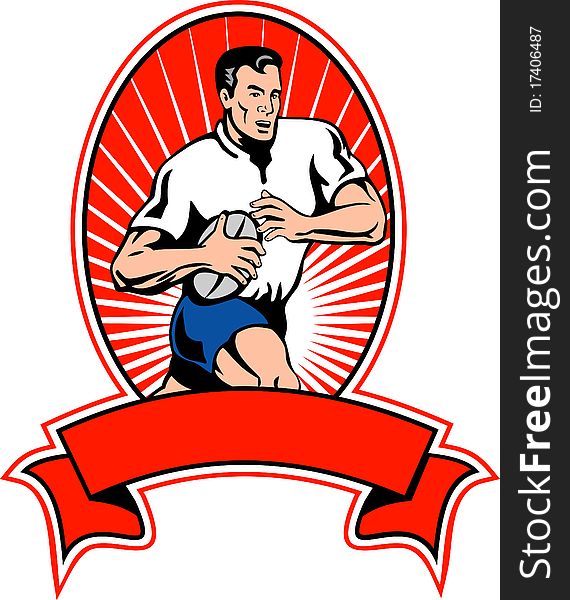 Illustration of a rugby player running with ball set inside oval with scroll ribbon.