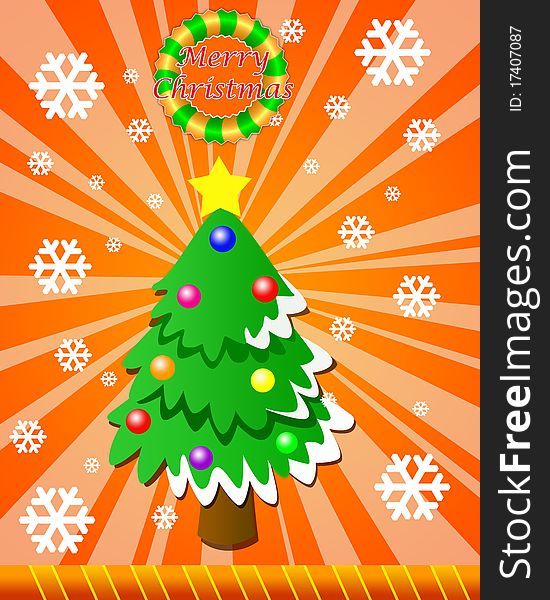 Colourful Christmas card with a fur-tree, a congratulation and sun rays. Colourful Christmas card with a fur-tree, a congratulation and sun rays