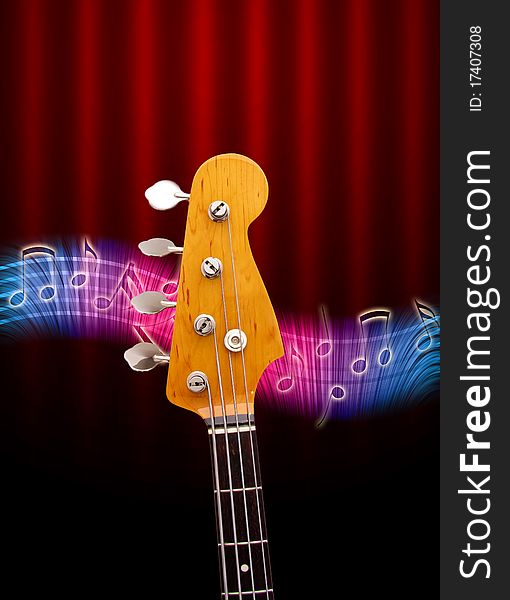 A bass guitar head and music notes on a dark red background