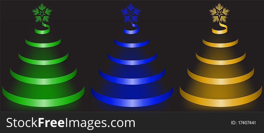 Set of colored trees of brilliant bands on a black background. Set of colored trees of brilliant bands on a black background