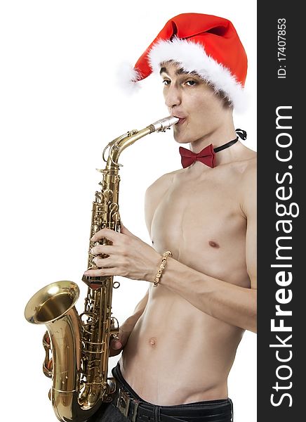 Young Santa playing on saxophone