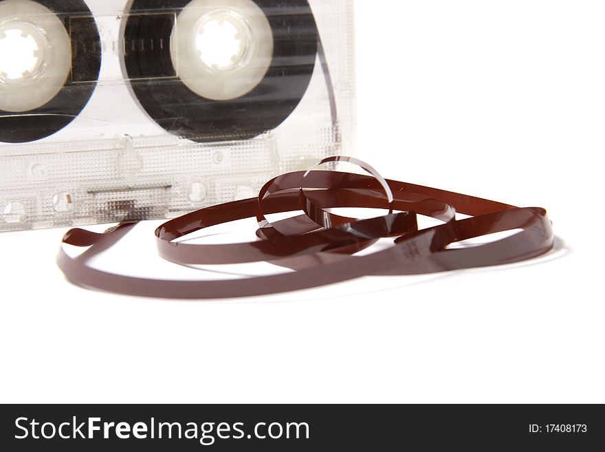 audio cassette with tape tangle isolated on white