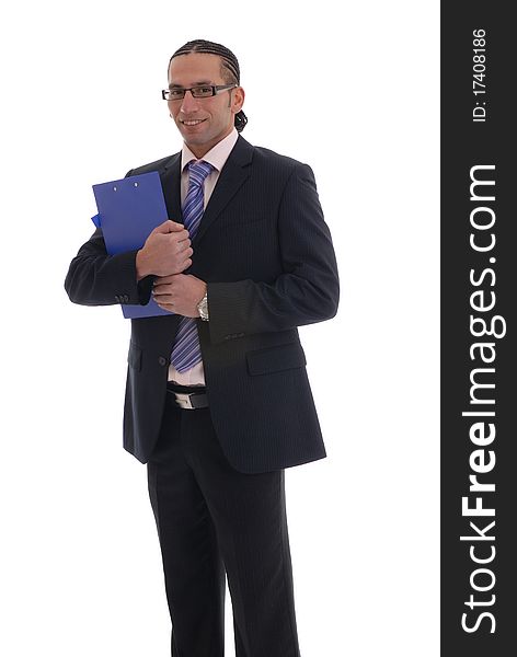 Photograph showing young business man isolated against white holding folder