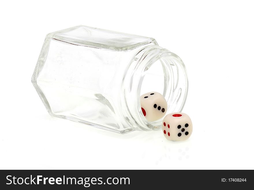 Hexagon bottles with two pieces of dice isolated in white