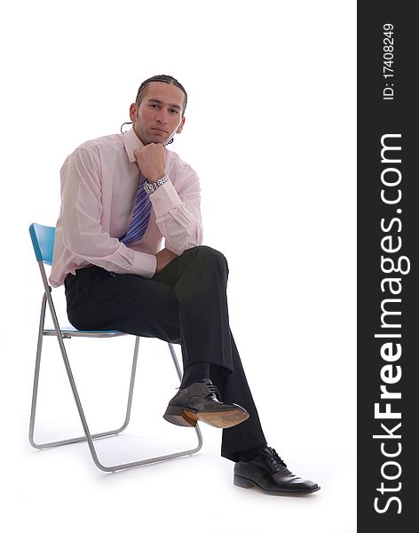 Photograph showing young business man isolated against white relaxing in shirt and tie