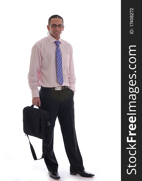 Photograph showing young business man isolated against white carrying a laptop case