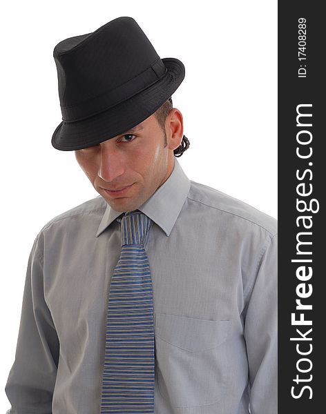 Photograph showing young business man isolated against white with hat