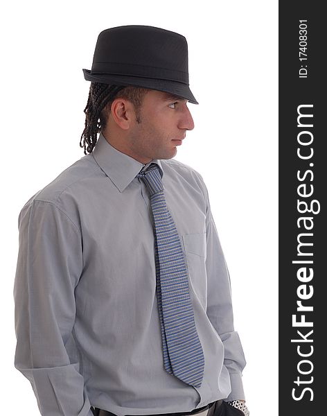 Photograph showing young business man isolated against white with hat