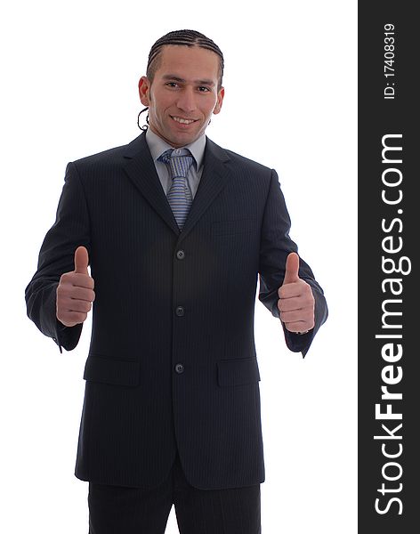 Photograph showing young business man isolated against white with thumbs up