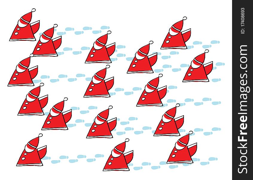 Santas on the snow cartoon, abstract vector art illustration