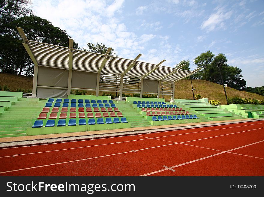 A stadium with running tracks in a University.