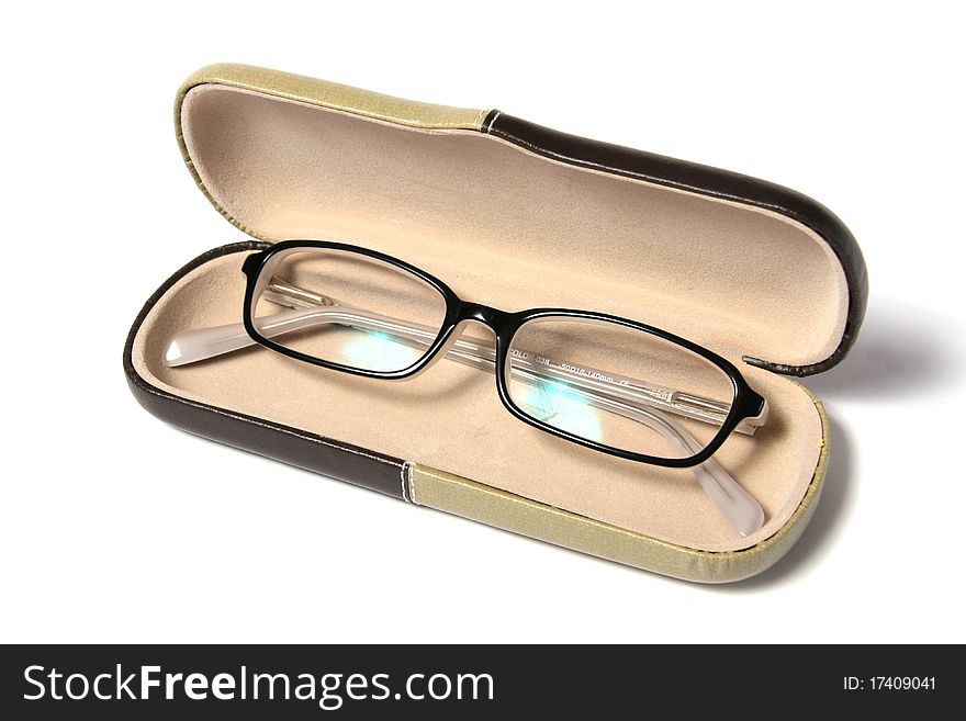 Eyeglasses in case isolated on white background