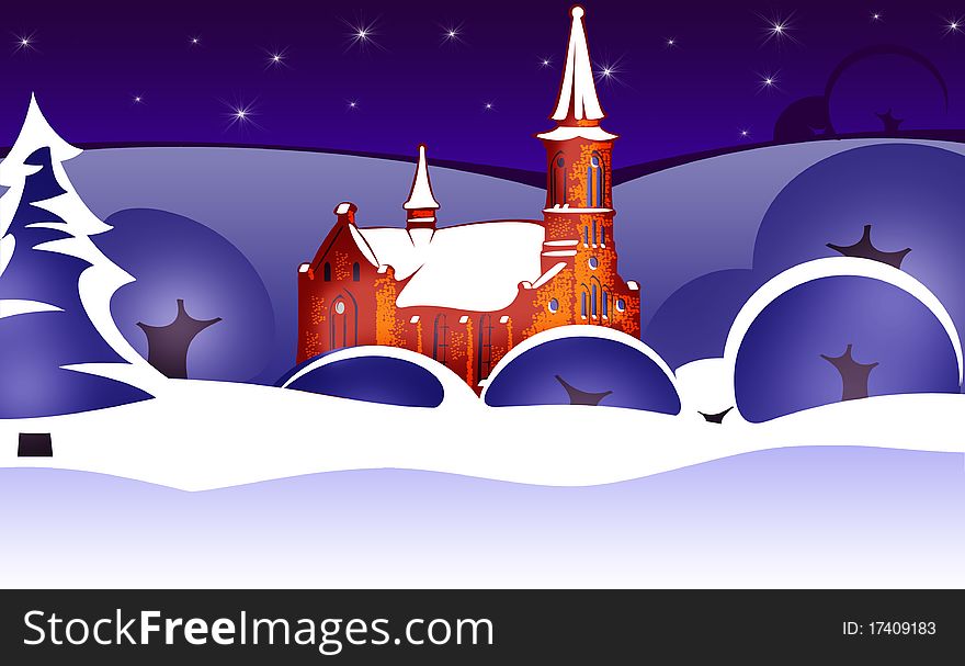 Postcard with church, stylized trees, snowy fields and night sky. Postcard with church, stylized trees, snowy fields and night sky