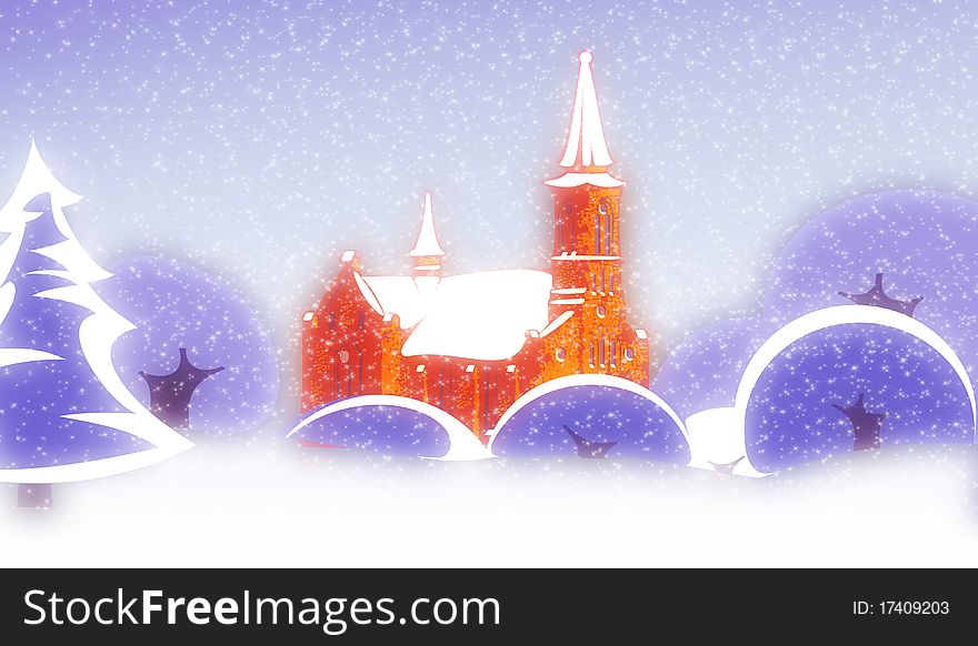 Winter day, snowfall with castle and stylized trees. Winter day, snowfall with castle and stylized trees