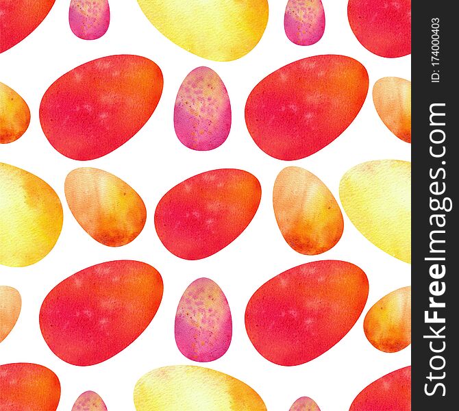 Colorful Easter Eggs On A White Isolated Background. Seamless Patterns. Watercolor