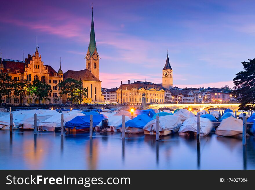 Downtown of Zurich city during blue hour, Switzerland. Downtown of Zurich city during blue hour, Switzerland