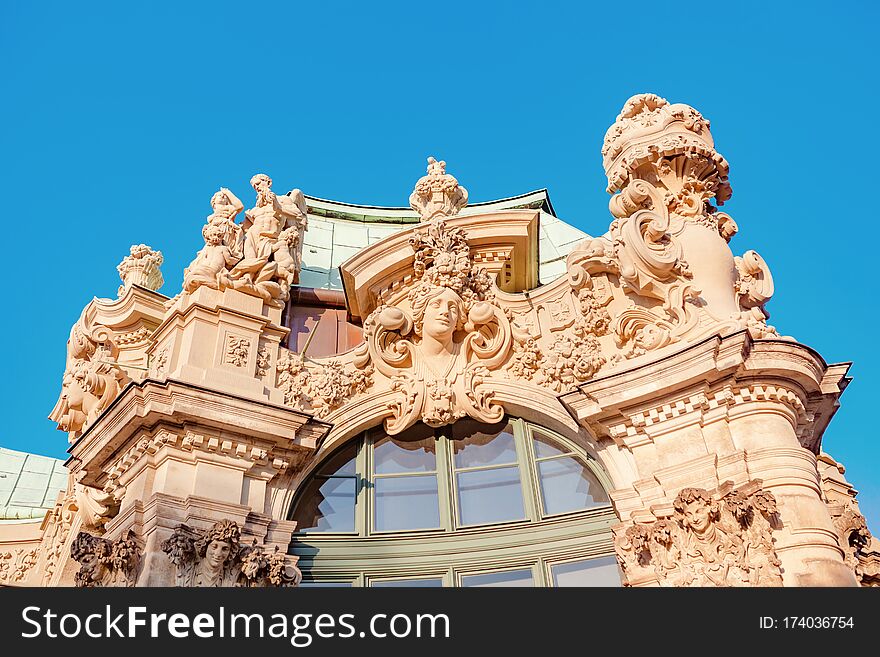 Sculpture and architecture close-up Details of Zwinger palace in Dresden