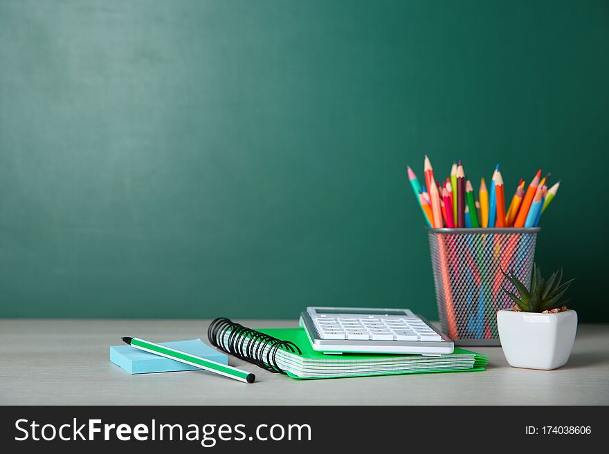 School Stationery On White Wooden Table, Space For Text.