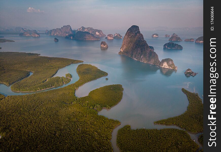 Aerial view over Phangnga Bay Thailand Phangnga, drone view over the lagoon during sunset Thailand