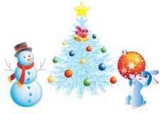 Christmas Tree, A Snowman And A Rabbit. Royalty Free Stock Photo Christmas Tree, A Snowman And A Rabbit. Royalty Free Stock Photo