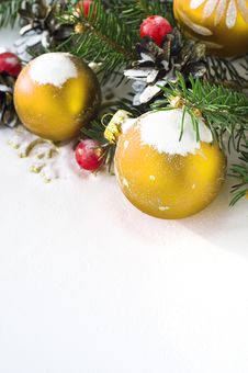 Xmas Tree And Baubles On The Snow Stock Photography